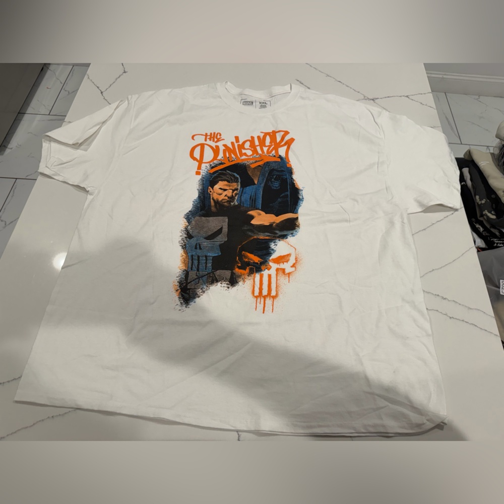 Marvel Punisher White Short-Sleeve Tee with Orange & Blue Graphic